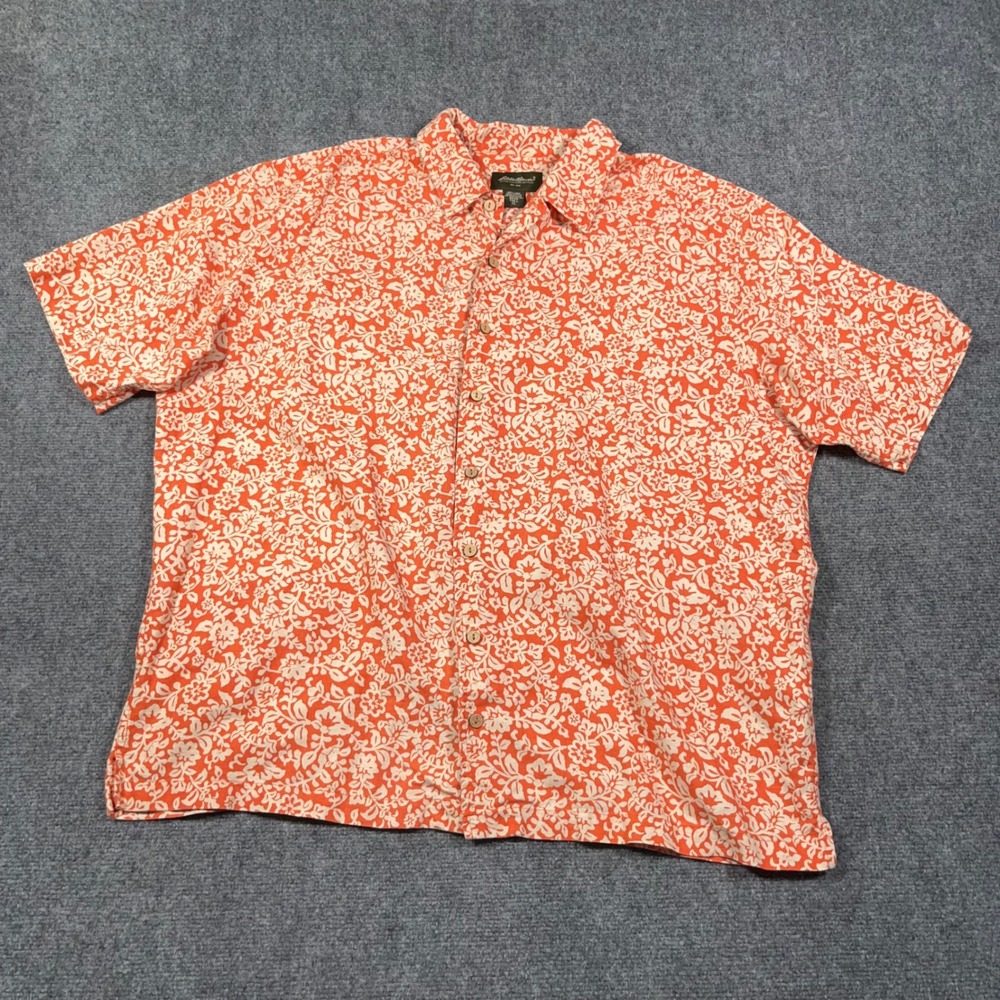 Eddie Bauer Floral AOP Button Down Shirt Mens XLT Linen Blend Coral Hawaiian